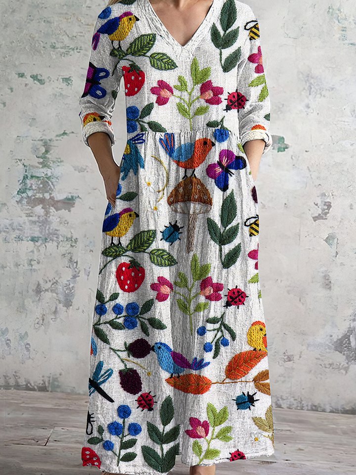 Femmes Floral Blanc Col Rond Confortable Robe Maxi Décontracté