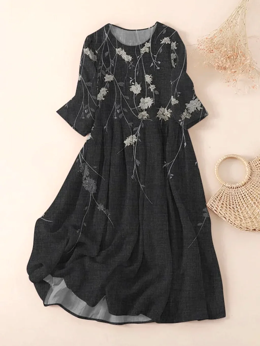 Femmes Floral Noir Col Rond Confortable Robe Maxi Décontracté