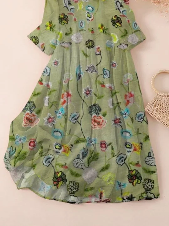Femmes Floral Vert Col Rond Confortable Imprimé Robe Maxi Décontracté