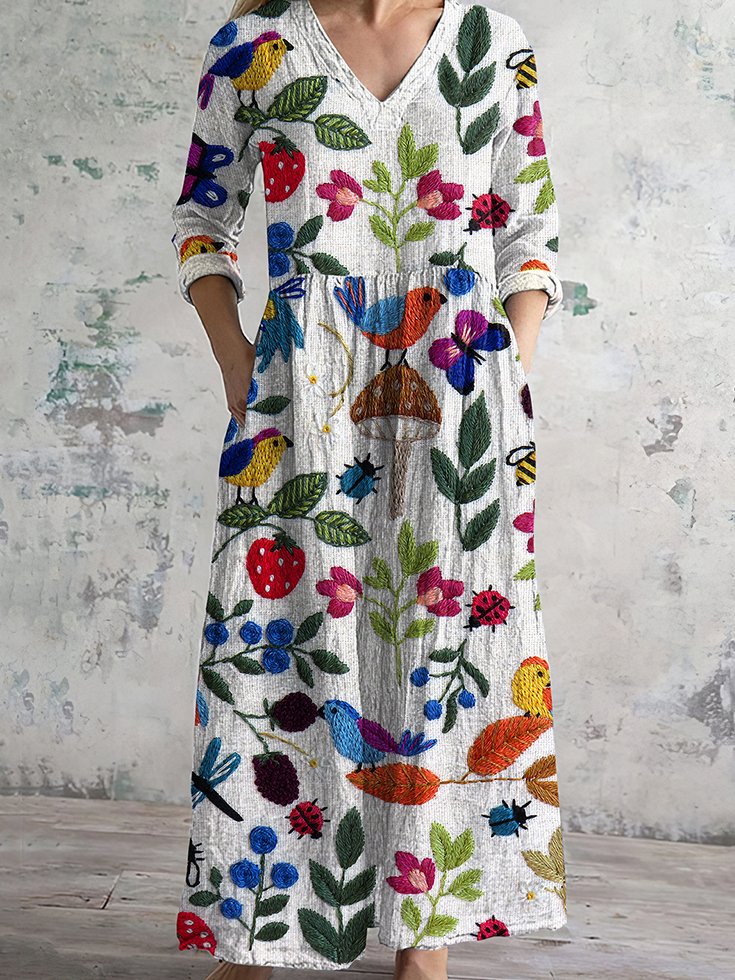 Femmes Floral Blanc Col Rond Confortable Robe Maxi Décontracté