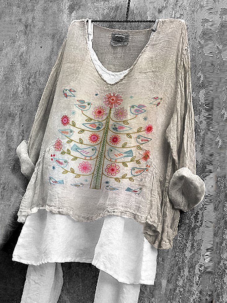 Chemises Femmes Décontracté Floral Printemps / Automne en Lin Micro-élasticité Quotidien Coupe Régulière Col Rond Régulier