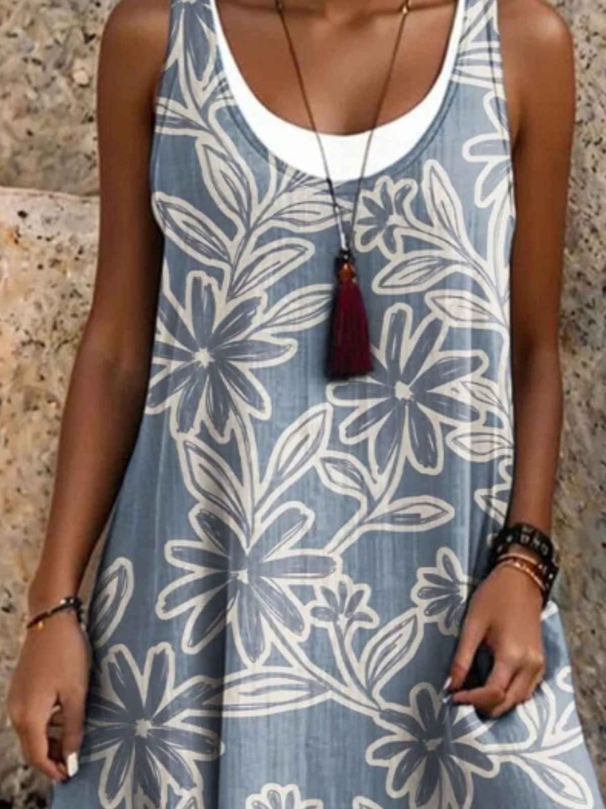 Femmes Floral Bleu Violacé Col Rond Confortable Robe Mi-Longue Décontracté