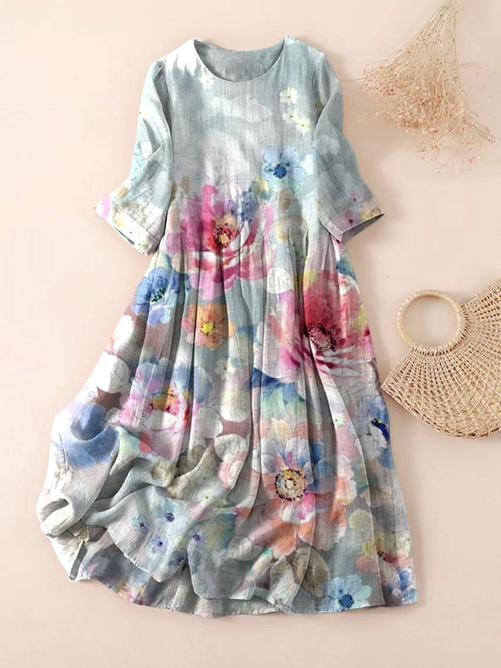 Femmes Floral Bleu Clair Col Rond Confortable Robe Maxi Décontracté