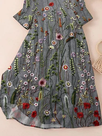 Femmes Floral Gris Col Rond Confortable Imprimé Robe Maxi Décontracté