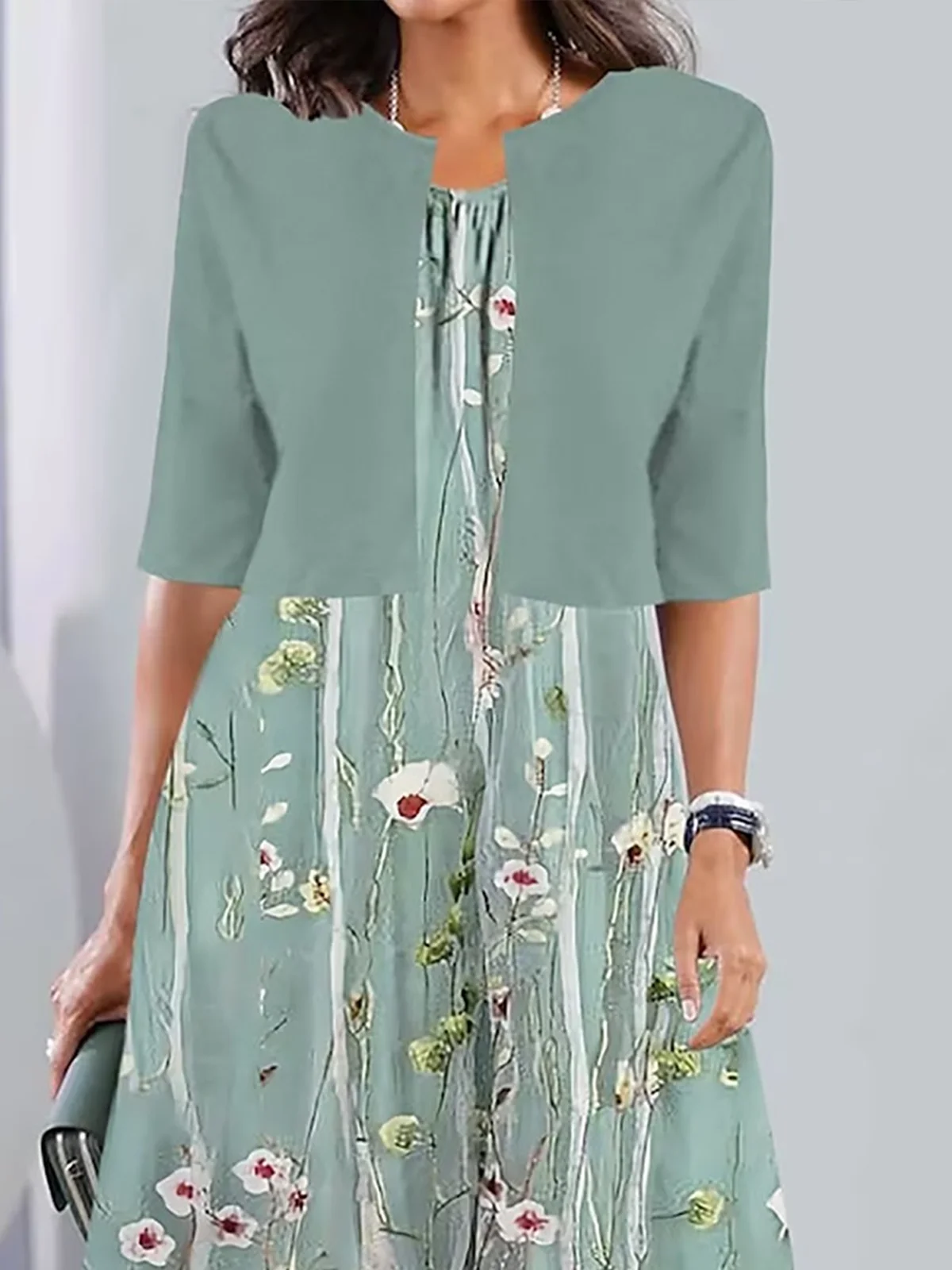 Femmes Floral Comme Image Col Rond Confortable Robe Mi-Longue Décontracté