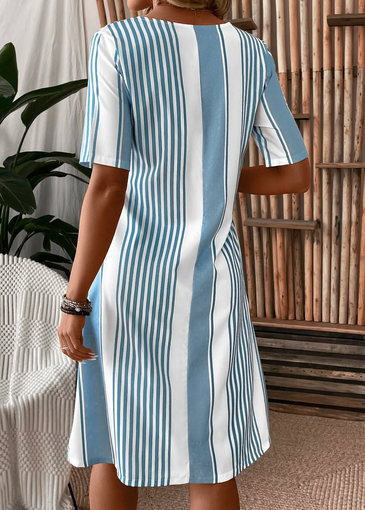 Femmes Rayé Comme Image Col Rond Confortable Robe Mi-Longue Décontracté