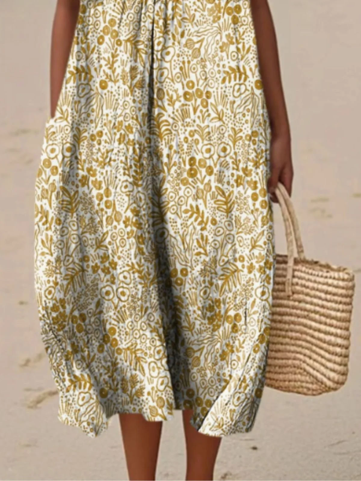 Femmes Floral Beige Col Rond Confortable Robe Maxi Décontracté