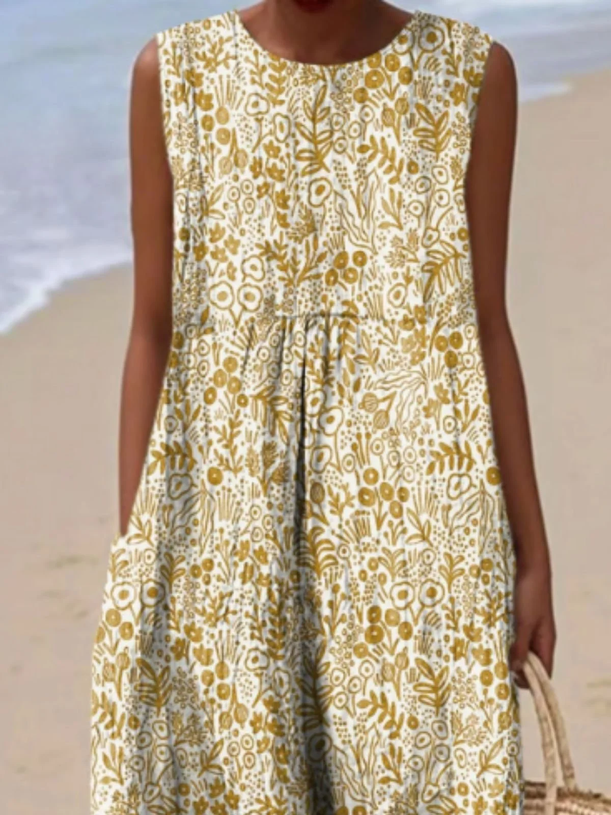 Femmes Floral Beige Col Rond Confortable Robe Maxi Décontracté