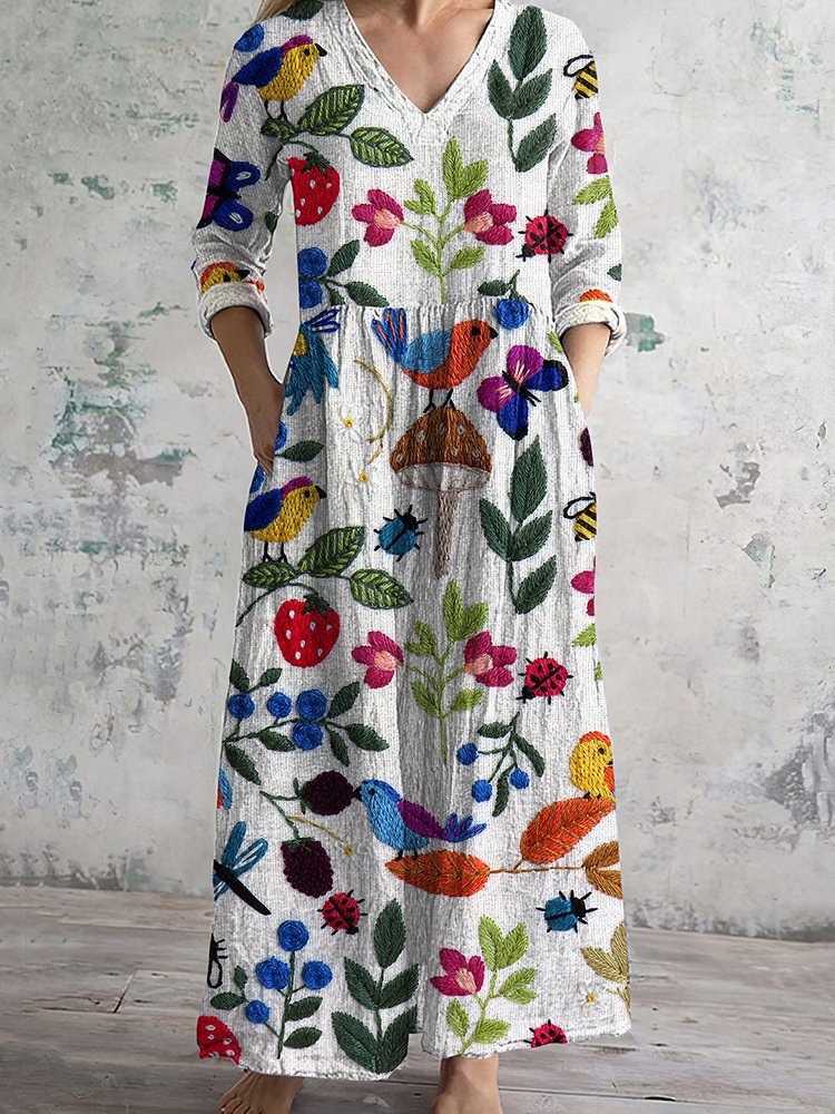 Femmes Floral Blanc Col Rond Confortable Robe Maxi Décontracté