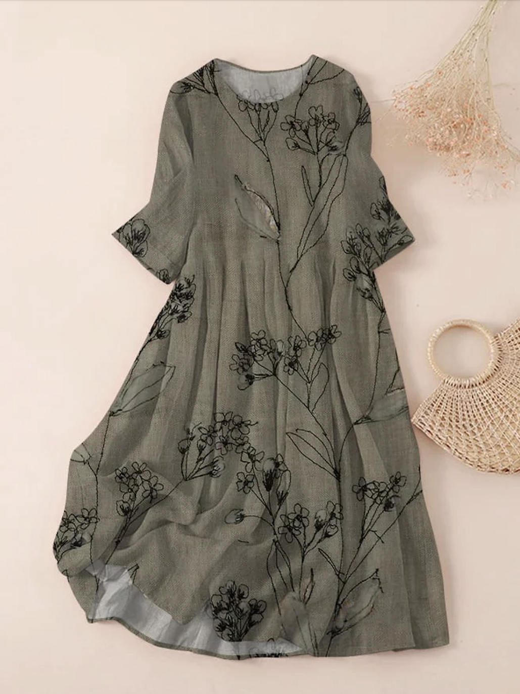Femmes Floral Vert Col Rond Confortable Robe Maxi Décontracté