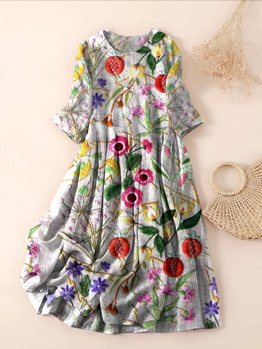Femmes Floral Gris Clair Col Rond Confortable Robe Maxi Décontracté