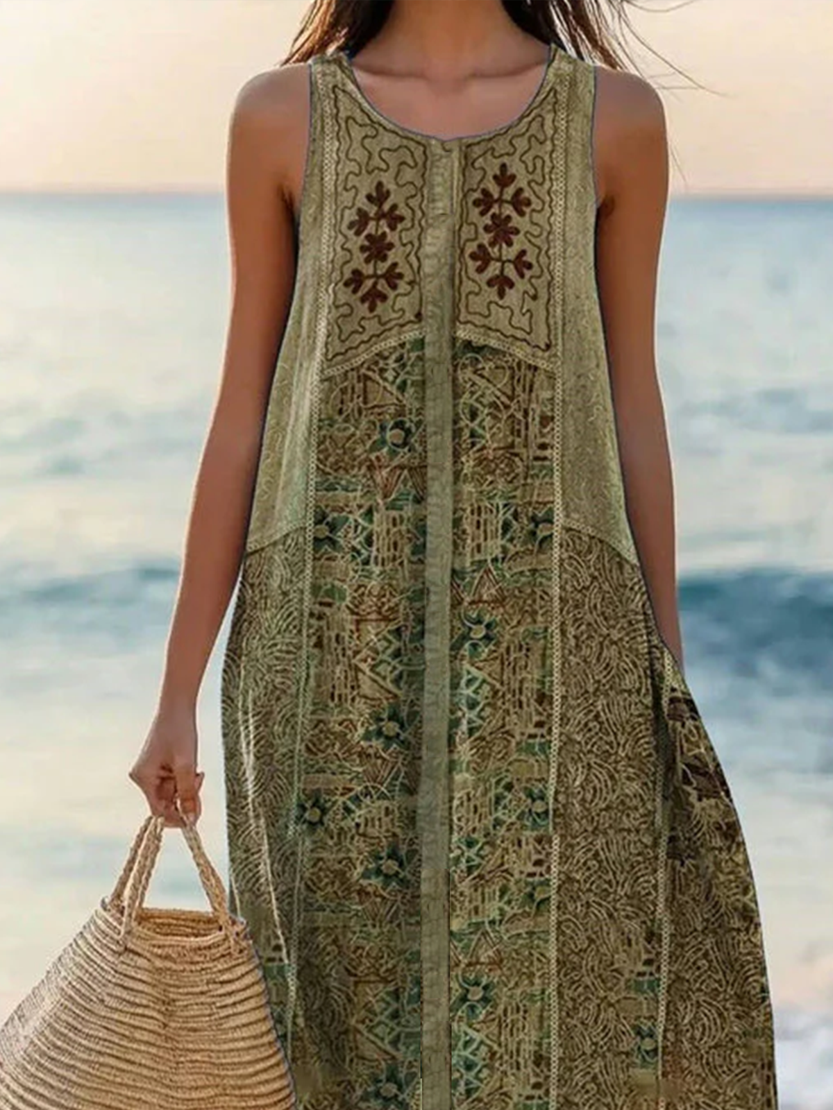 Femmes Floral Comme Image Col V Confortable Robe Mi-Longue Décontracté