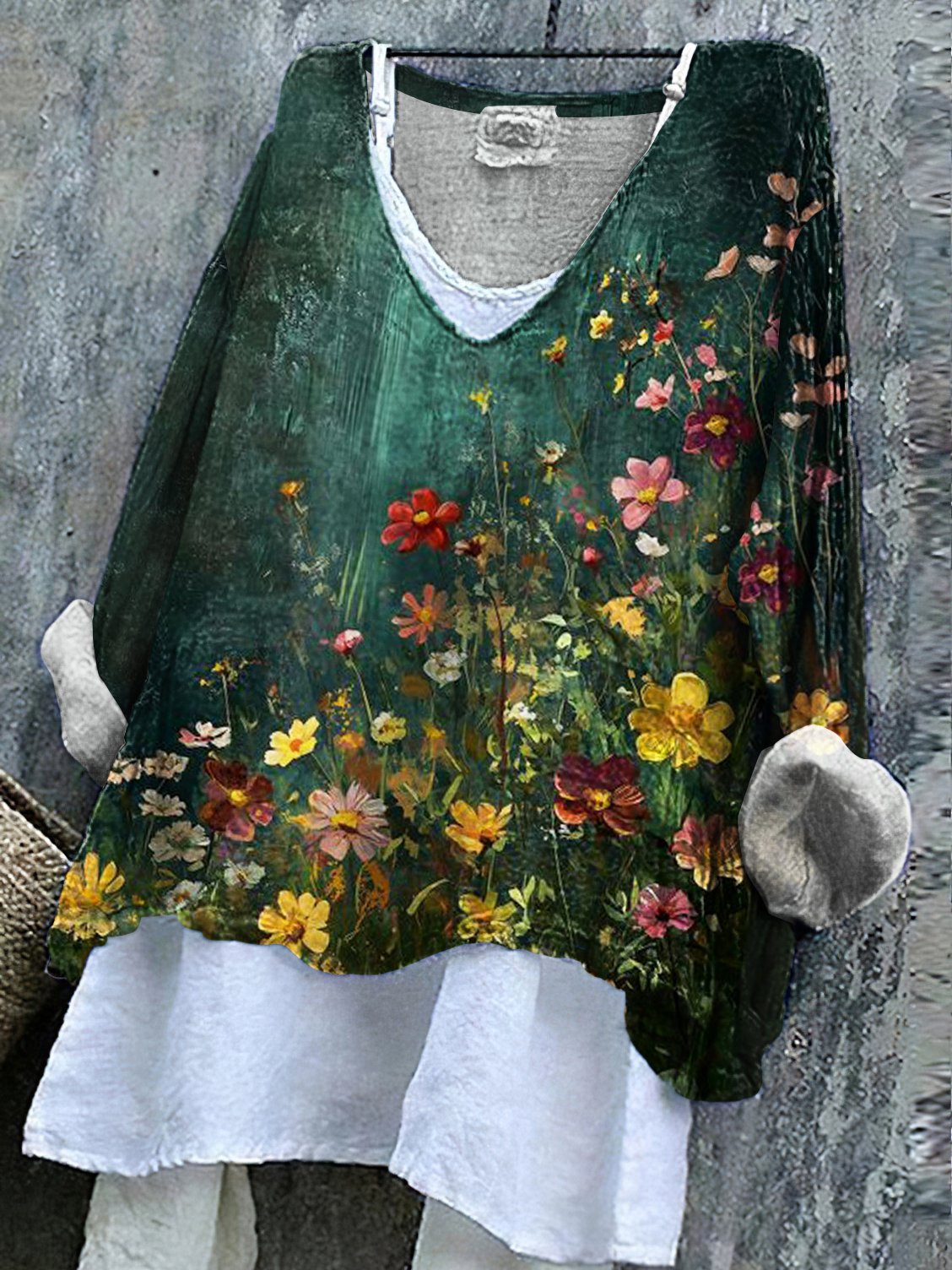 Chemises Femmes Décontracté Floral Printemps / Automne en Lin Col V Manches Longues Régulier Trapèze Régulier