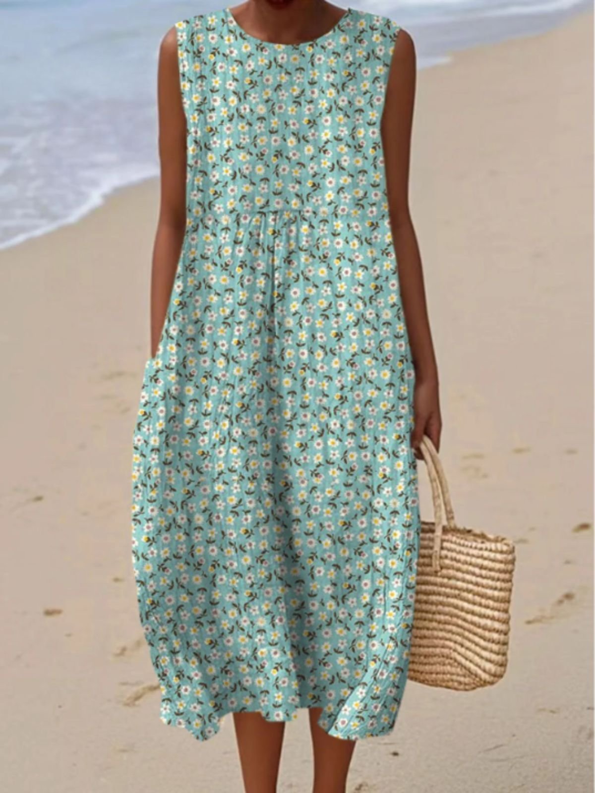 Femmes Floral Vert Col Rond Confortable Robe Maxi Décontracté