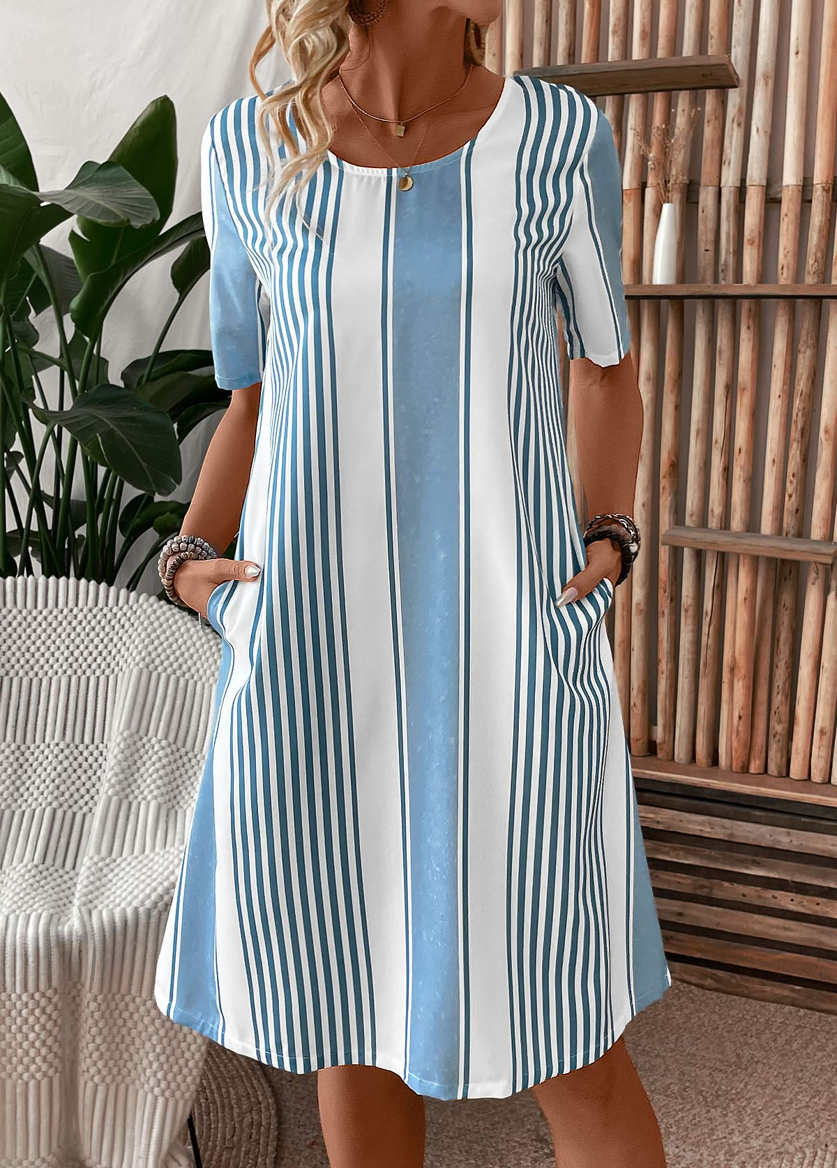 Femmes Rayé Comme Image Col Rond Confortable Robe Mi-Longue Décontracté
