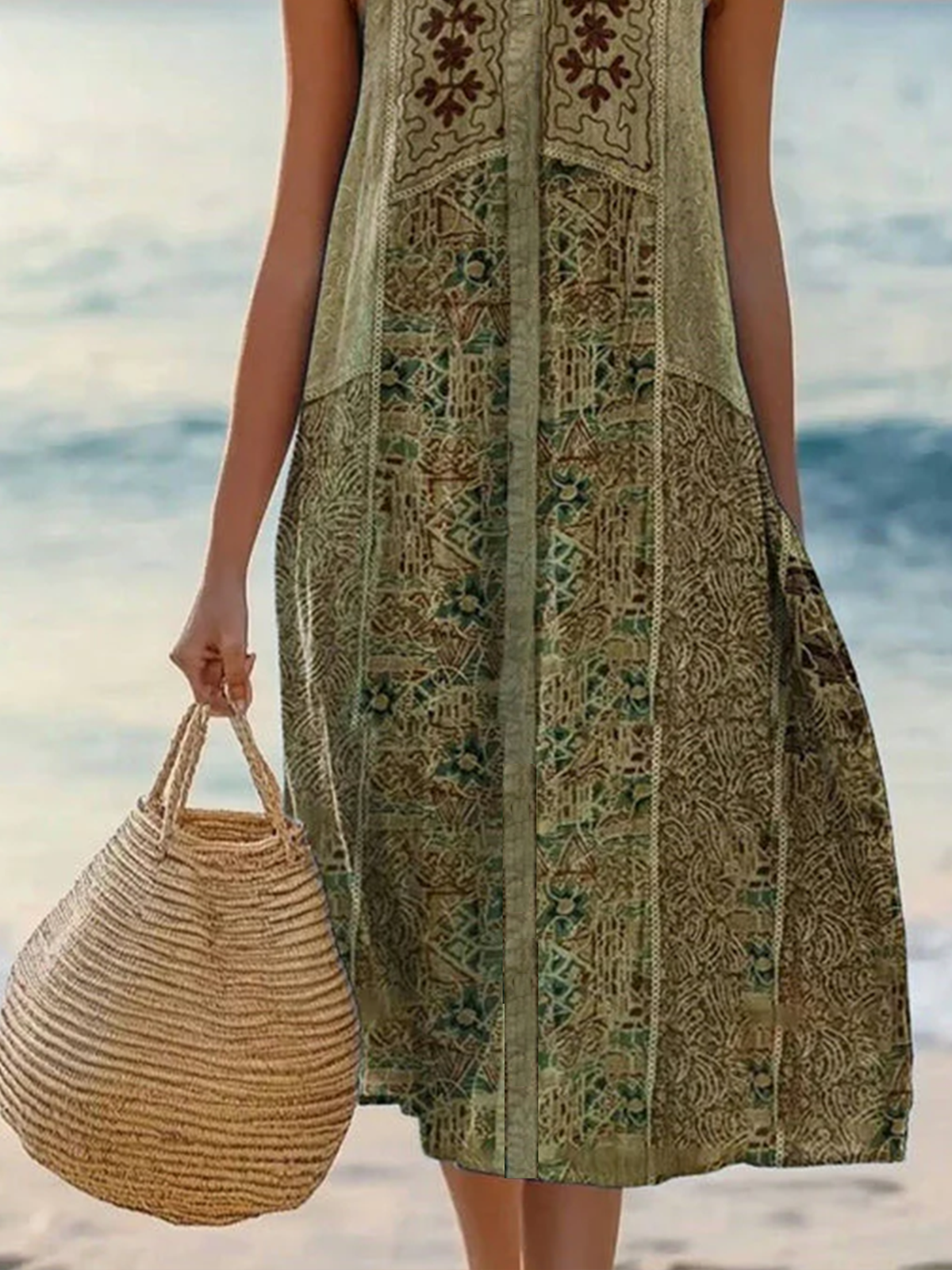 Femmes Floral Comme Image Col V Confortable Robe Mi-Longue Décontracté
