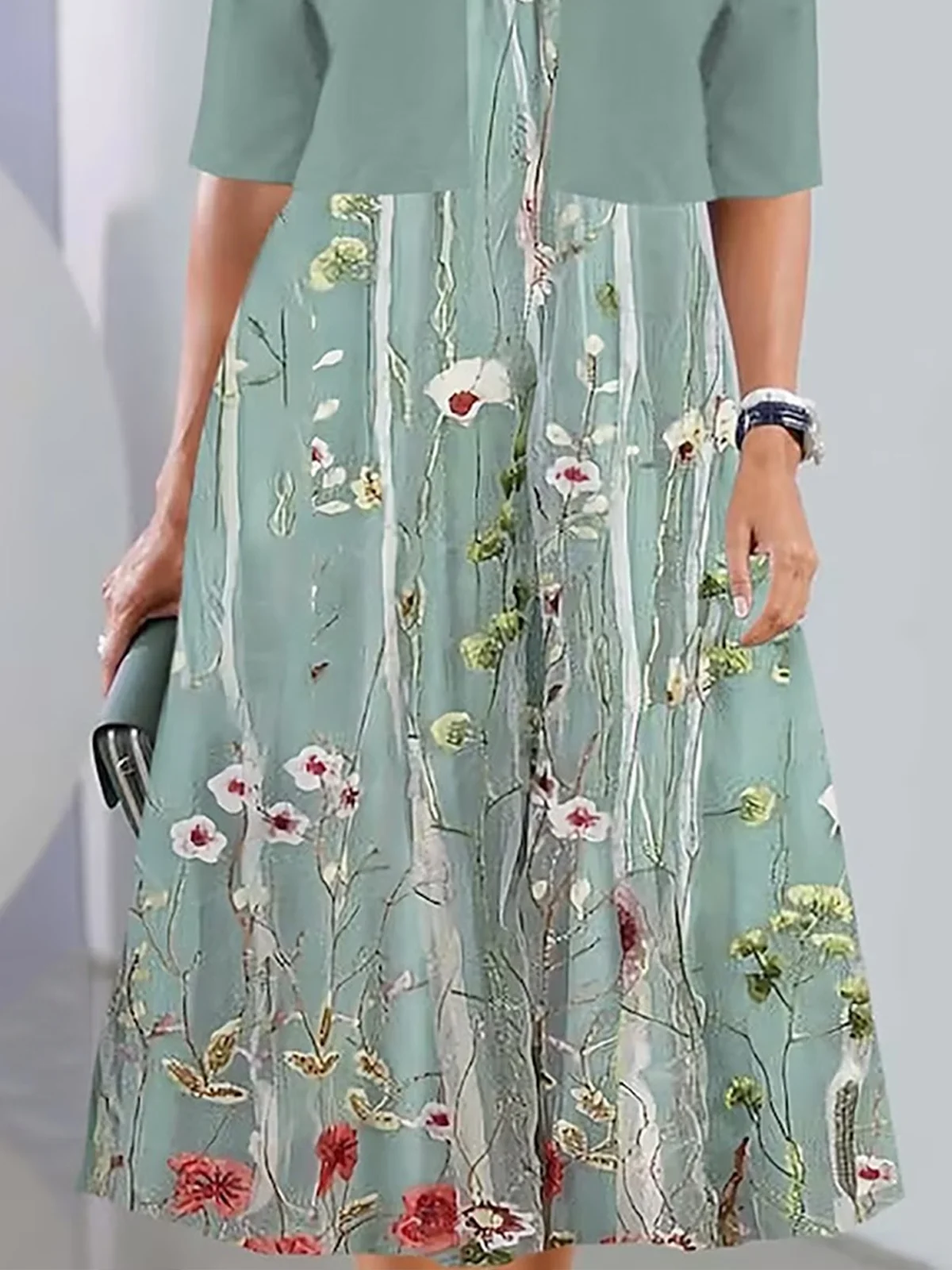 Femmes Floral Comme Image Col Rond Confortable Robe Mi-Longue Décontracté