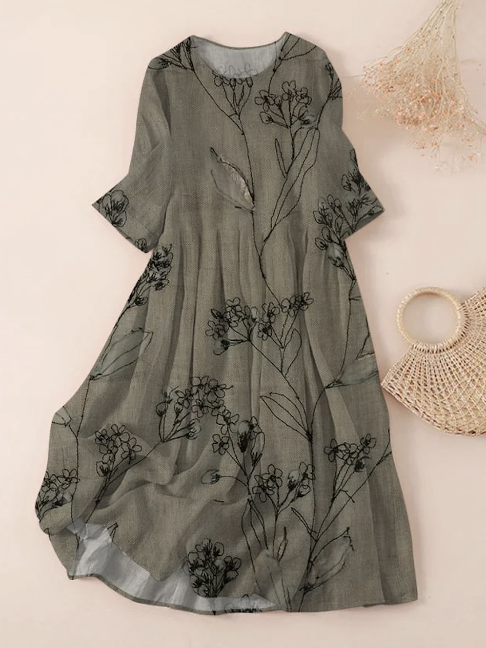 Femmes Floral Vert Col Rond Confortable Robe Maxi Décontracté