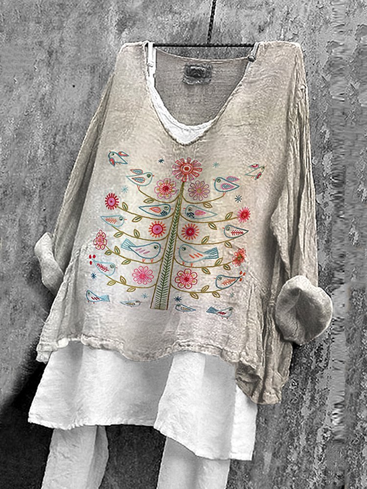 Chemises Femmes Décontracté Floral Printemps / Automne en Lin Micro-élasticité Quotidien Coupe Régulière Col Rond Régulier