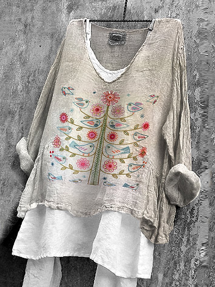 Chemises Femmes Décontracté Floral Printemps / Automne en Lin Micro-élasticité Quotidien Coupe Régulière Col Rond Régulier