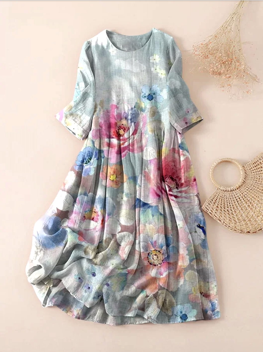 Femmes Floral Bleu Clair Col Rond Confortable Robe Maxi Décontracté