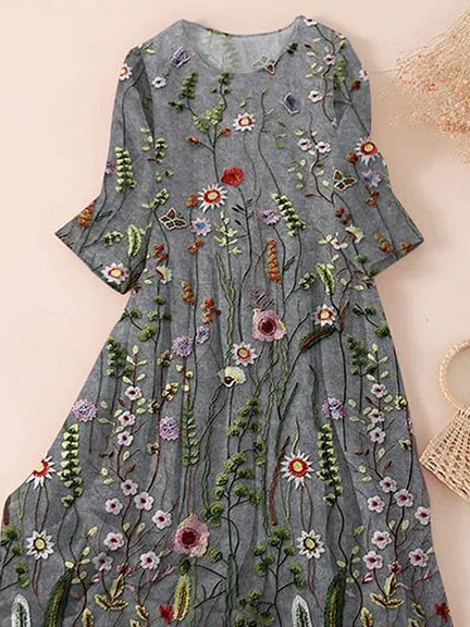 Femmes Floral Gris Col Rond Confortable Imprimé Robe Maxi Décontracté