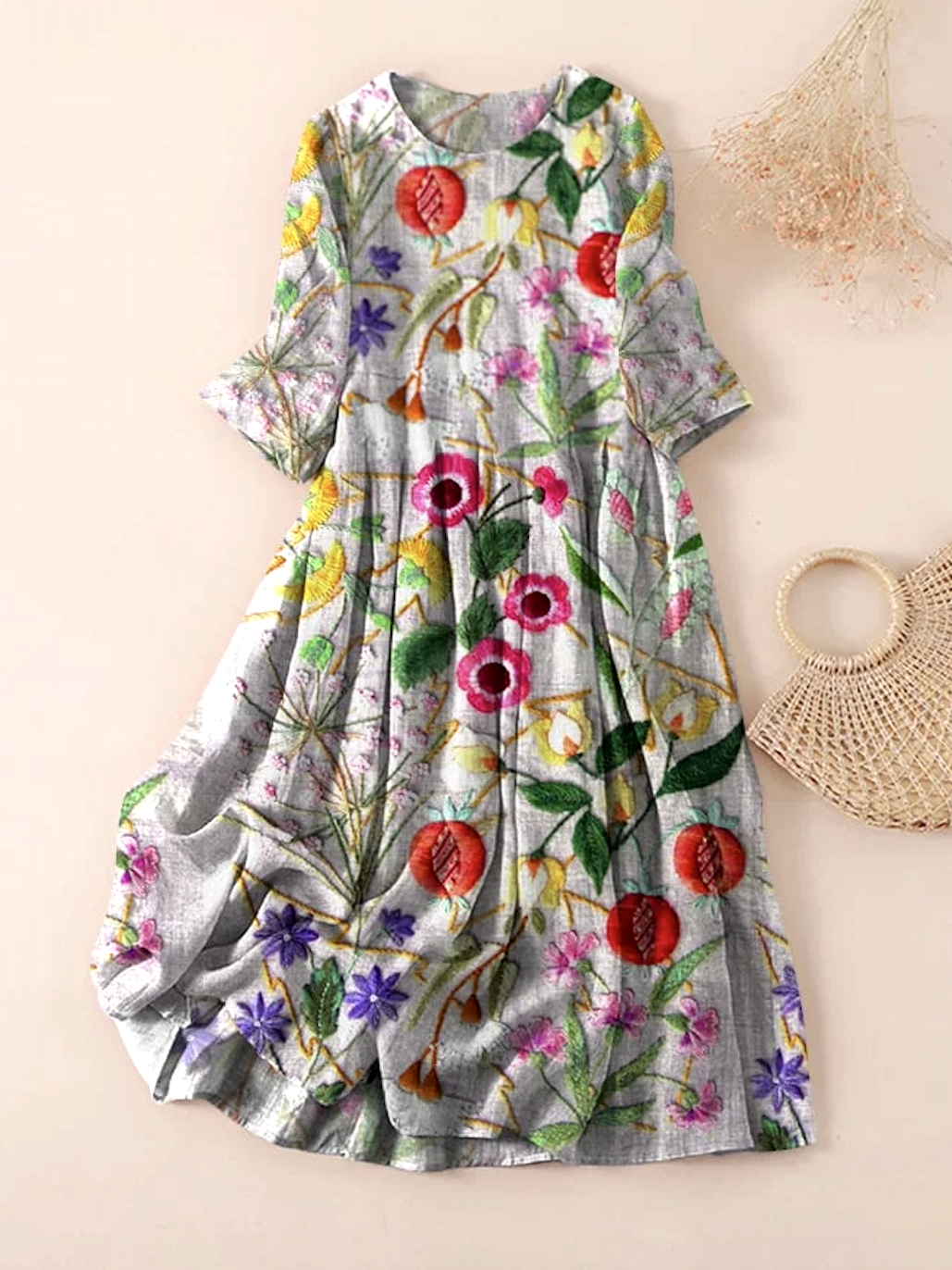Femmes Floral Gris Clair Col Rond Confortable Robe Maxi Décontracté