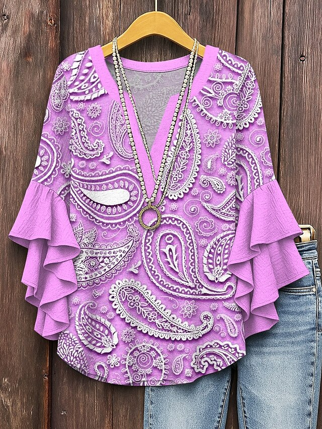 Blouses Simple Motif Cachemire Été Faire la navette Coupe Régulière Demi Manche Régulier Trapèze Régulier pour Femmes
