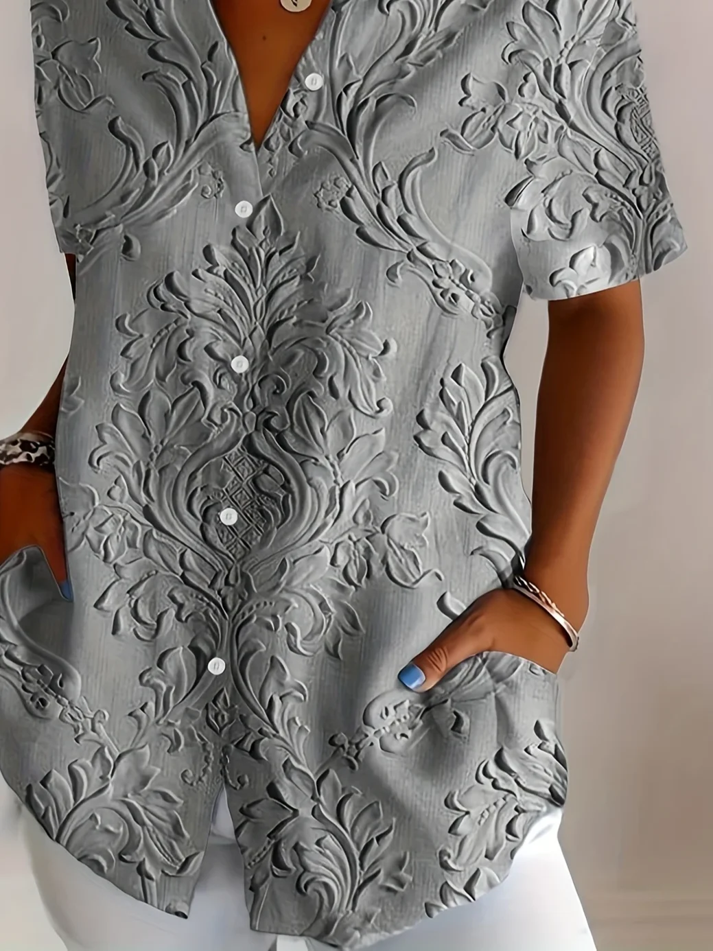 Chemises Décontracté Floral Été Polyester Micro-élasticité Ample Droit Régulier Col de Chemise pour Femmes