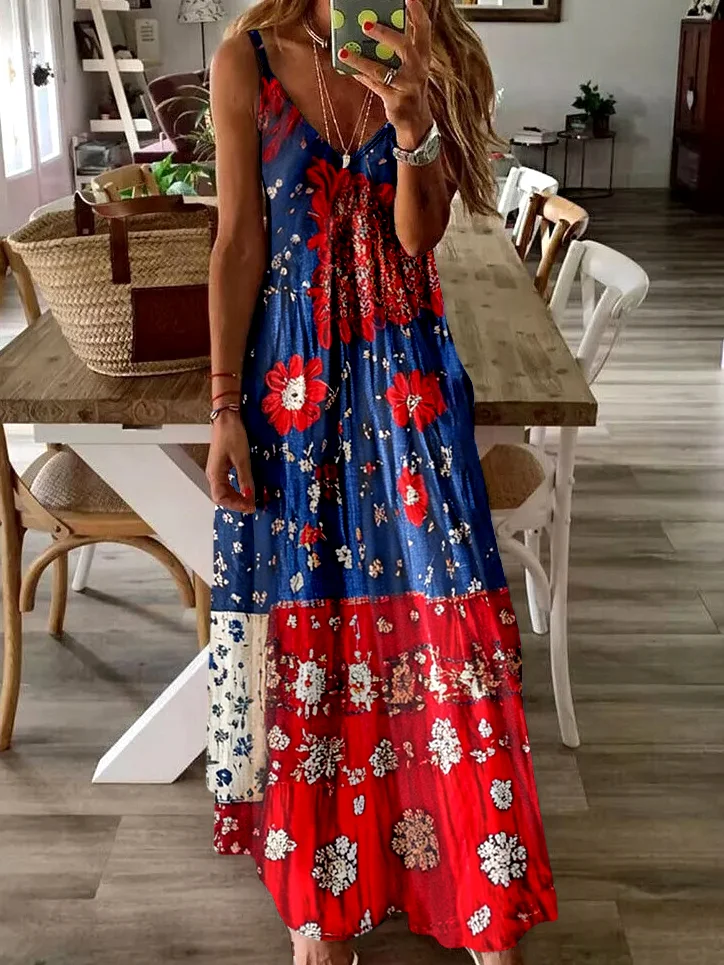 Femmes Floral Lac Bleu Col V Confortable Robe Maxi Décontracté