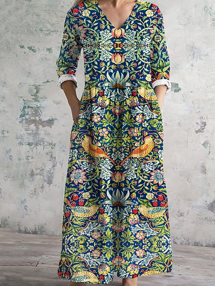 Femmes Floral Vert Col Rond Confortable Robe Maxi Décontracté