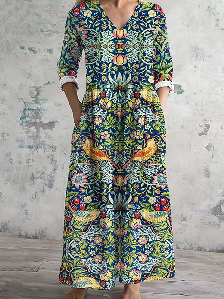 Femmes Floral Vert Col Rond Confortable Robe Maxi Décontracté