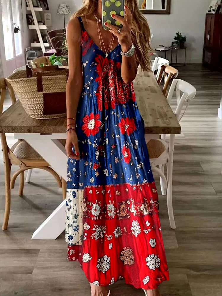 Femmes Floral Lac Bleu Col V Confortable Robe Maxi Décontracté