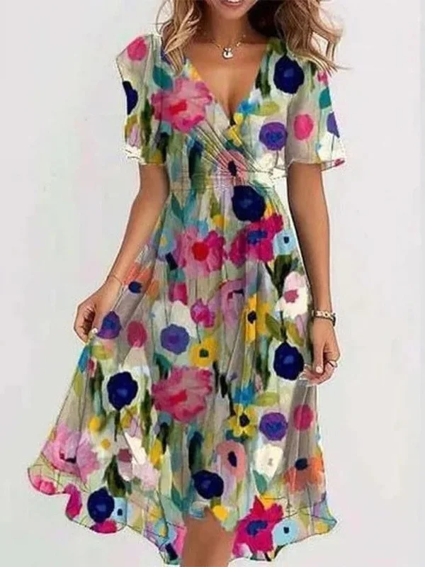Femmes Floral Vert Col V Confortable Imprimé Robe Maxi Rétro
