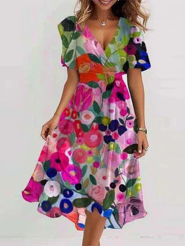 Femmes Floral Vert Col V Confortable Imprimé Robe Maxi Rétro