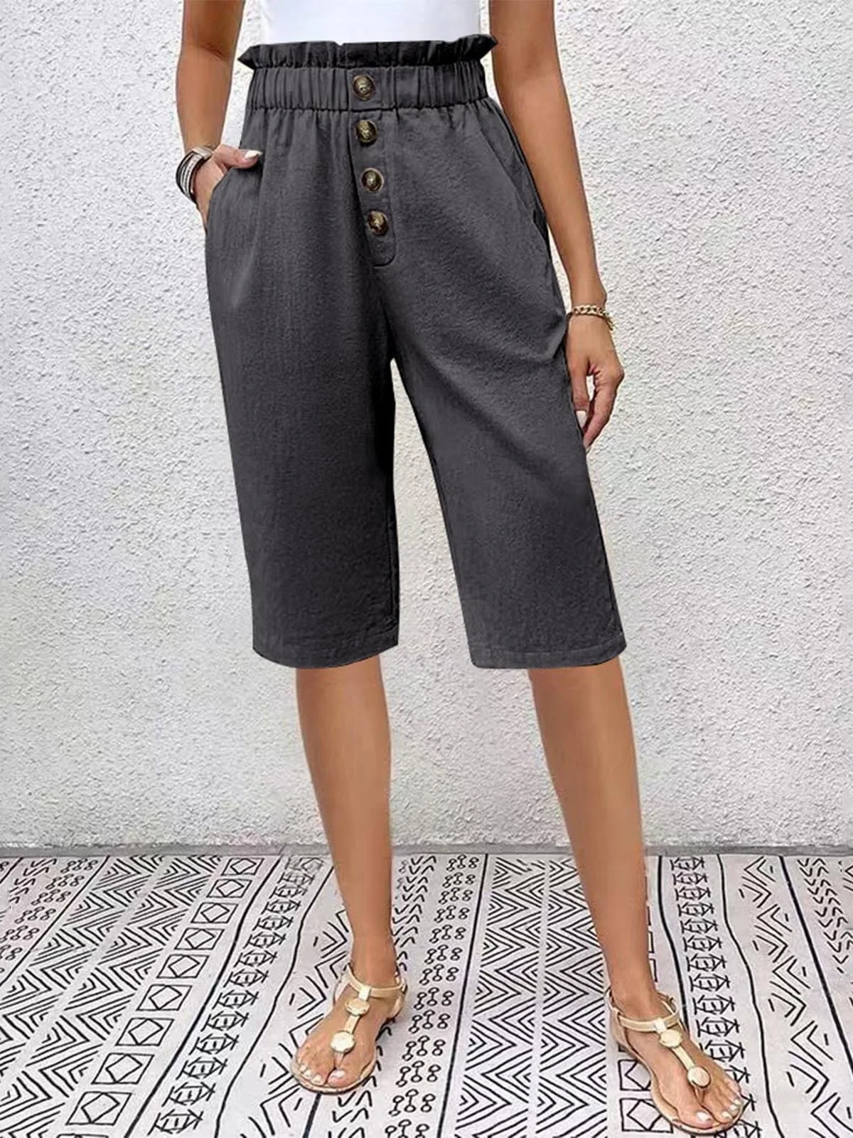 Pantalons Femmes Semi-formel Plain Été Naturel Journée Pantalons à Jambe Large Droit Régulier Cinquième pantalon