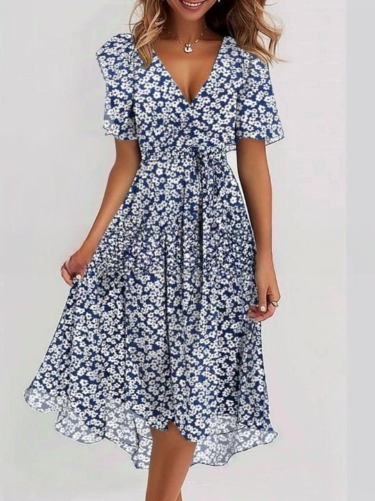 Femmes Floral Vert Col V Confortable Imprimé Robe Maxi Rétro