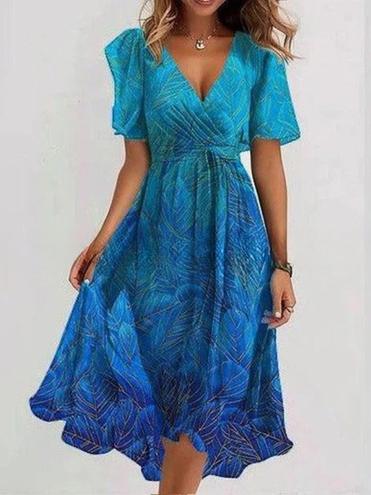 Femmes Floral Vert Col V Confortable Imprimé Robe Maxi Rétro