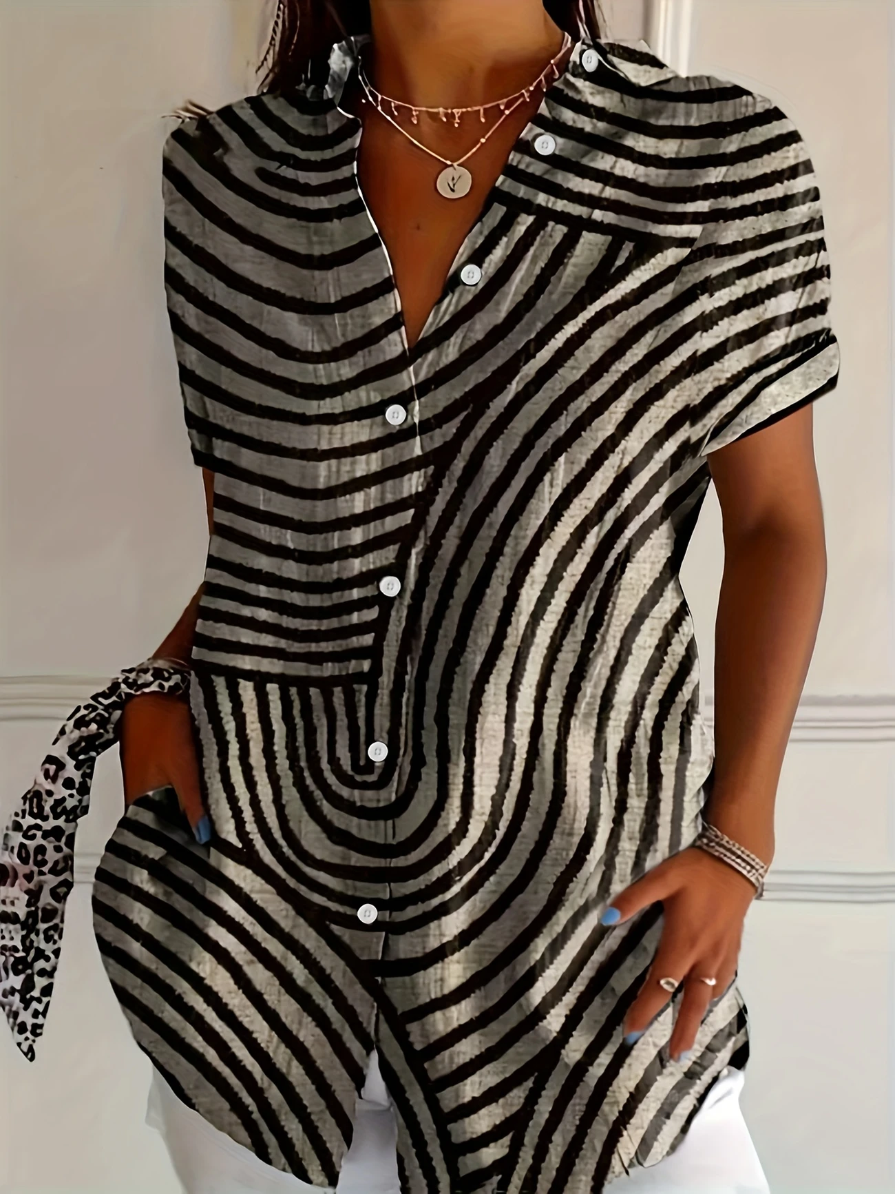 Chemises Décontracté Été Abstrait Rayé Polyester Quotidien Ample Manches Courtes Régulier Col de Chemise pour Femmes