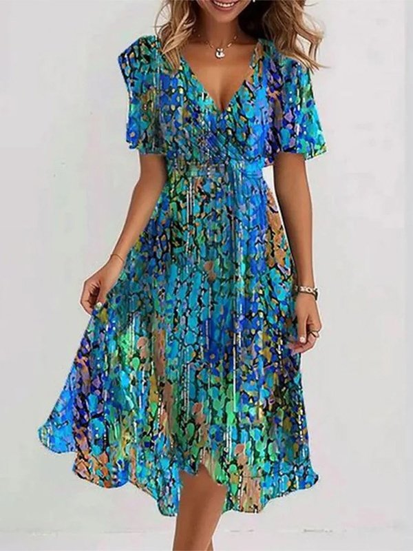 Femmes Floral Vert Col V Confortable Imprimé Robe Maxi Rétro