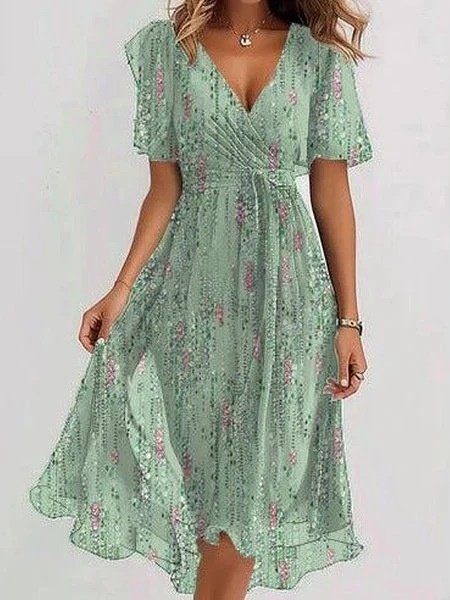 Femmes Floral Vert Col V Confortable Imprimé Robe Maxi Rétro
