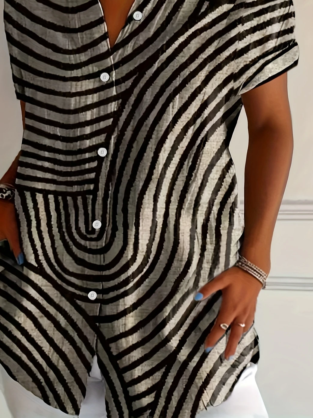 Chemises Décontracté Été Abstrait Rayé Polyester Quotidien Ample Manches Courtes Régulier Col de Chemise pour Femmes