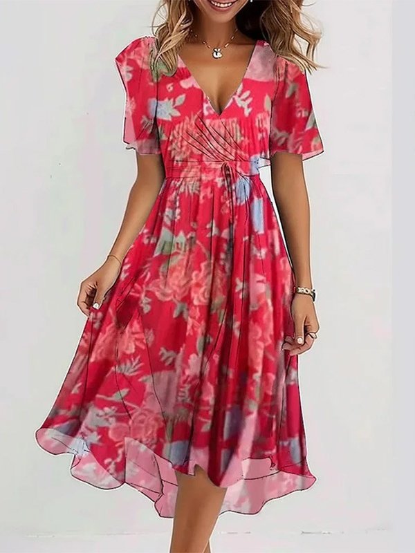 Femmes Floral Vert Col V Confortable Imprimé Robe Maxi Rétro