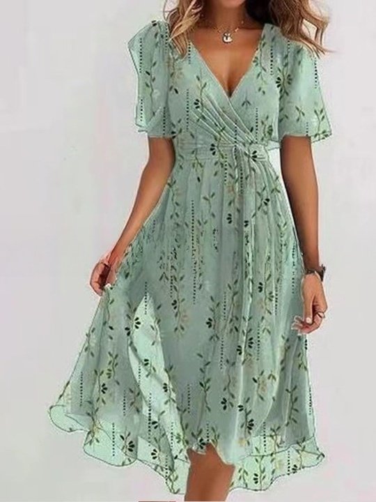 Femmes Floral Vert Col V Confortable Imprimé Robe Maxi Rétro