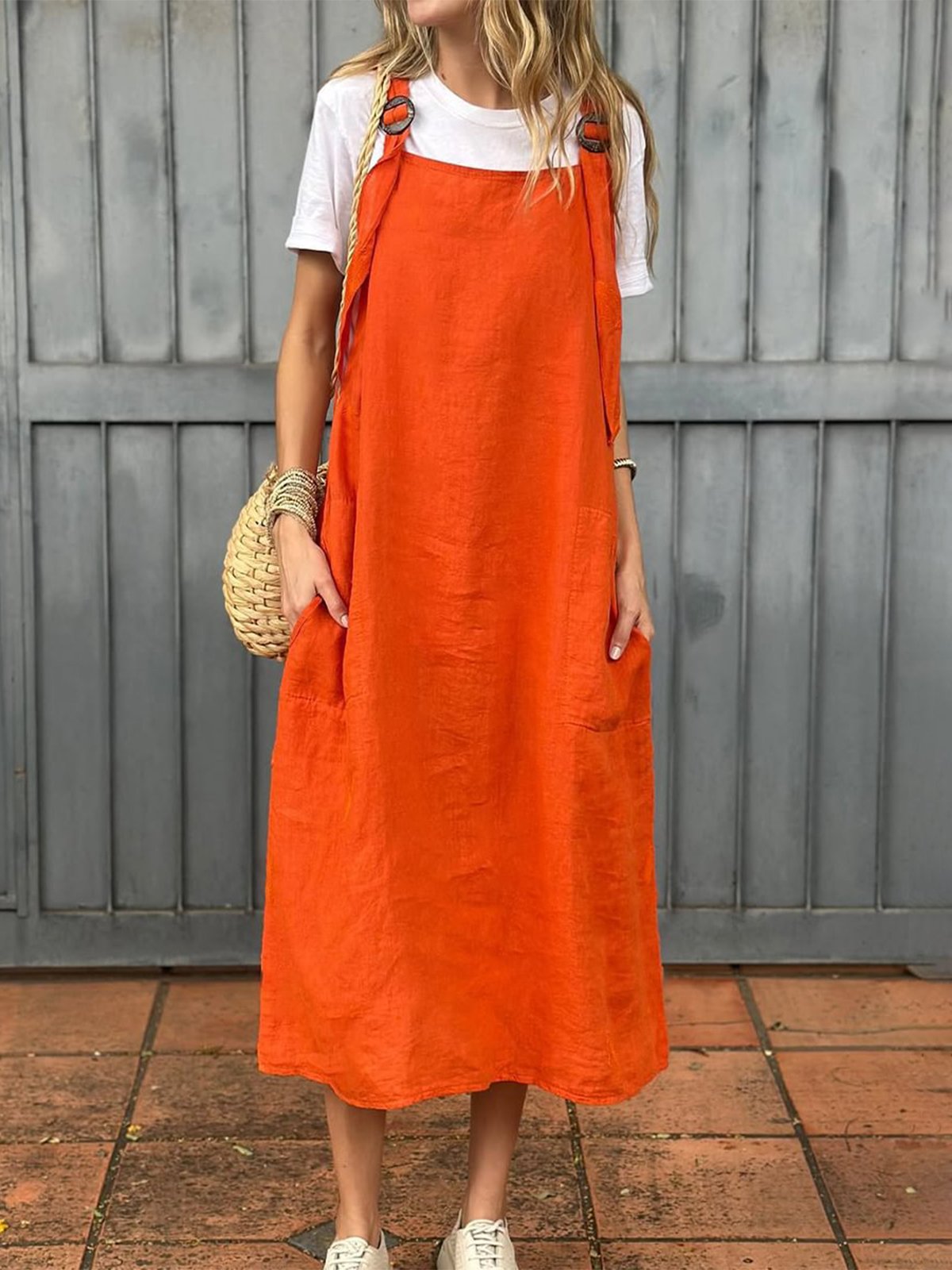 Femmes Plain Corail à Bretelles Confortable Robe Maxi Décontracté