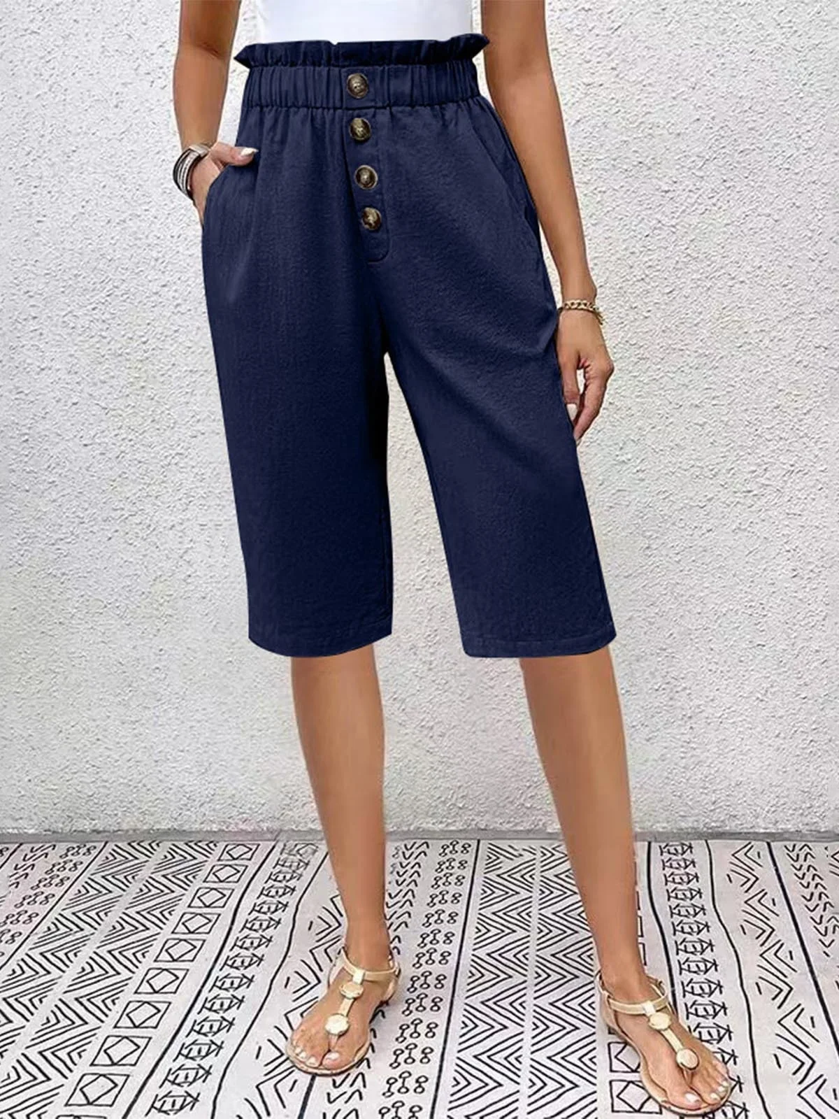 Pantalons Femmes Semi-formel Plain Été Naturel Journée Pantalons à Jambe Large Droit Régulier Cinquième pantalon