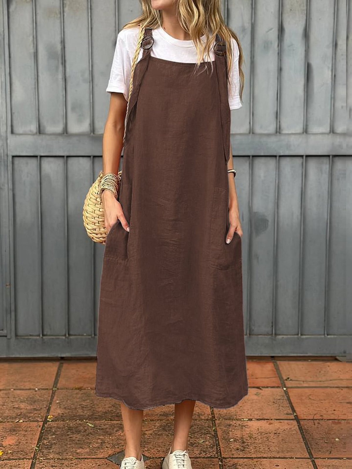 Femmes Plain Corail à Bretelles Confortable Robe Maxi Décontracté