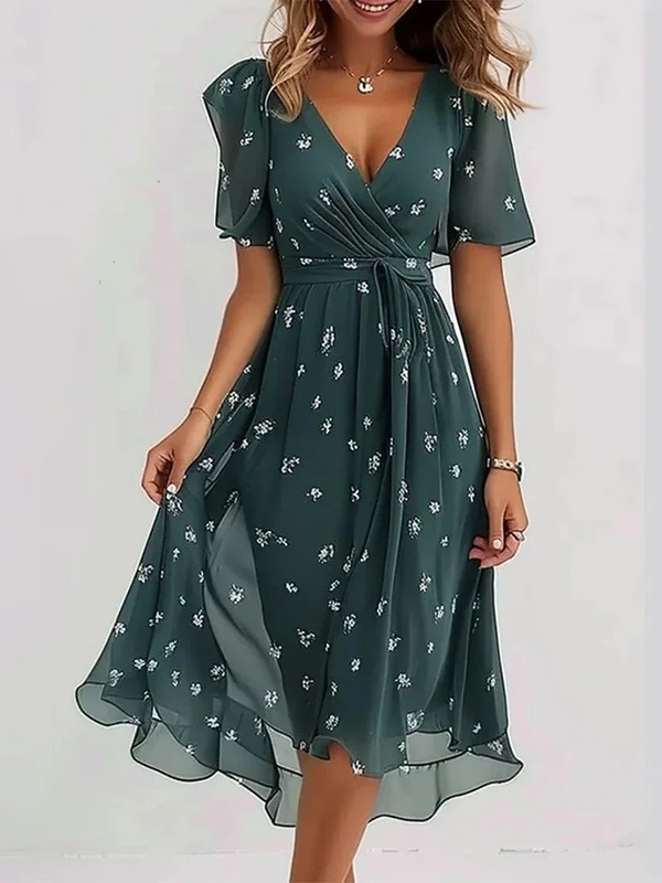Femmes Floral Vert Col V Confortable Imprimé Robe Maxi Rétro