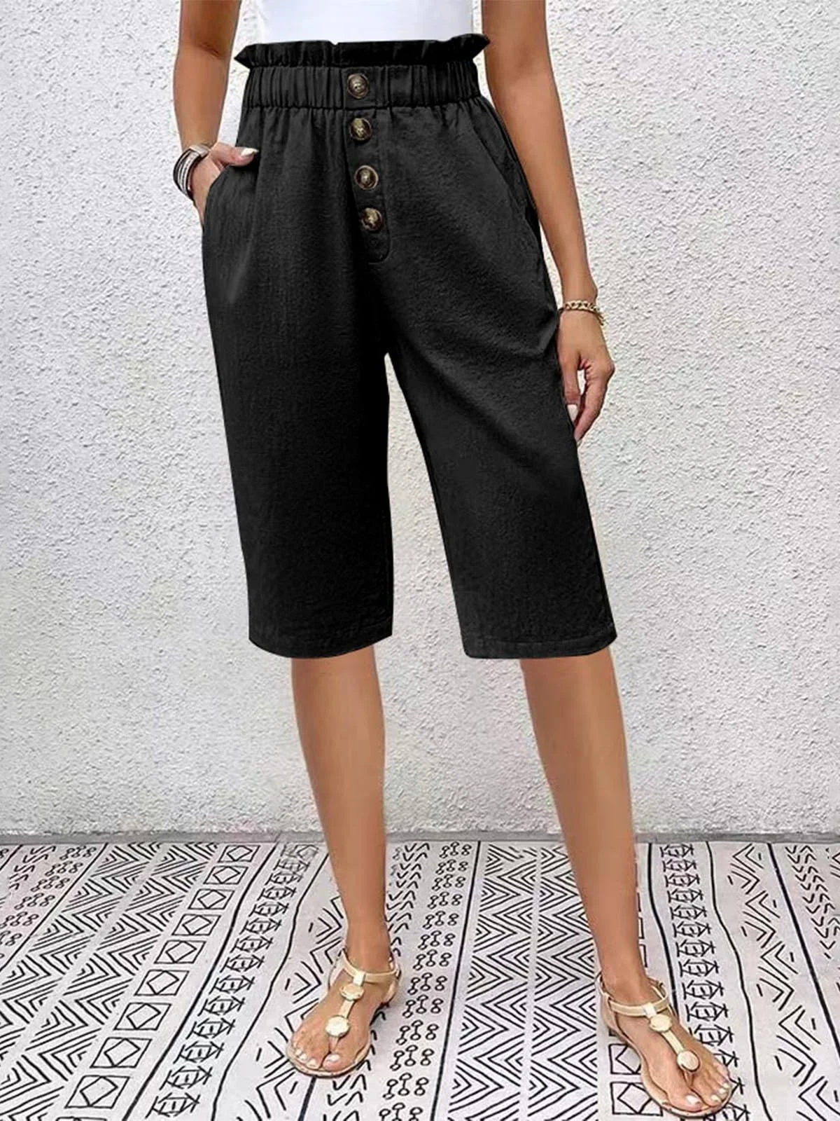 Pantalons Femmes Semi-formel Plain Été Naturel Journée Pantalons à Jambe Large Droit Régulier Cinquième pantalon
