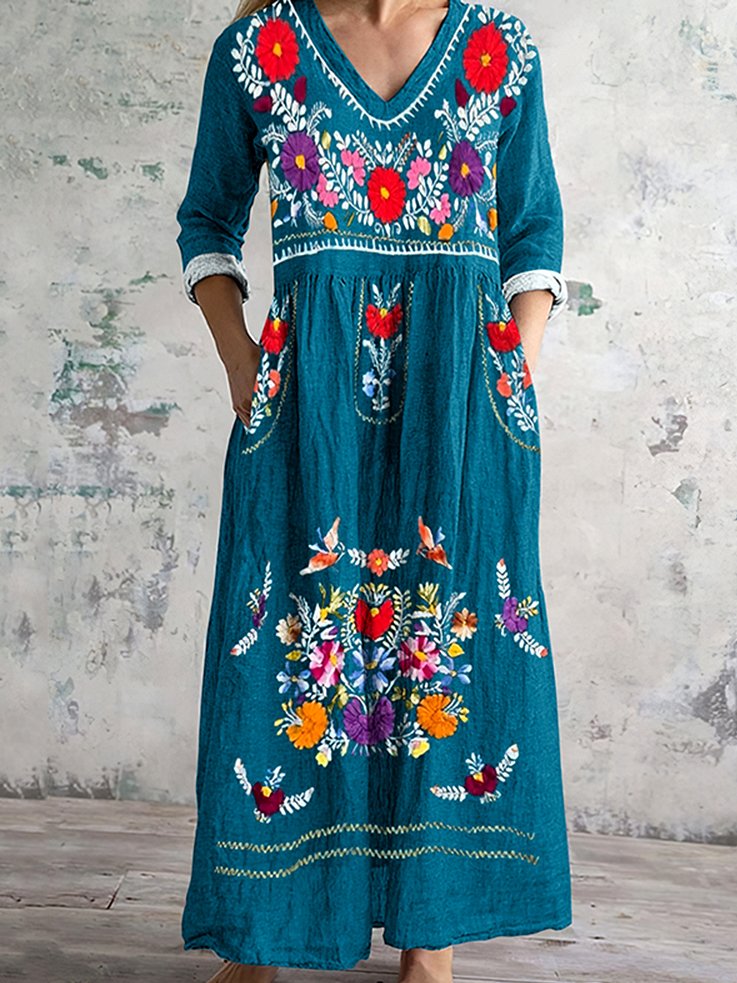 Femmes Floral Bleu Col Rond Confortable Robe Maxi Décontracté
